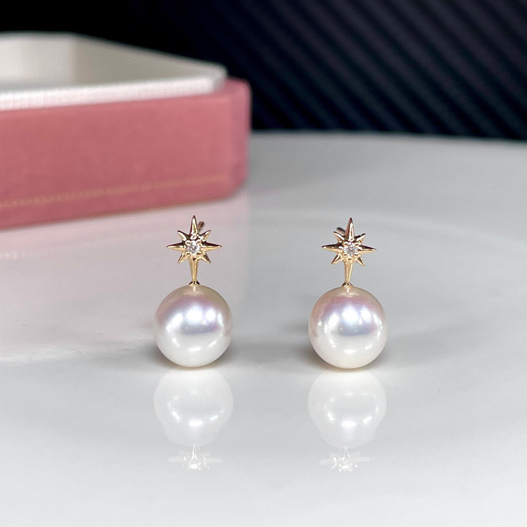 18K玫瑰金天然鑽石珍珠耳環