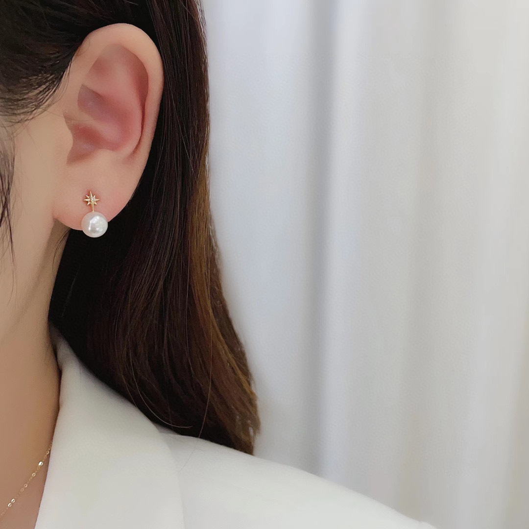 18K玫瑰金天然鑽石珍珠耳環