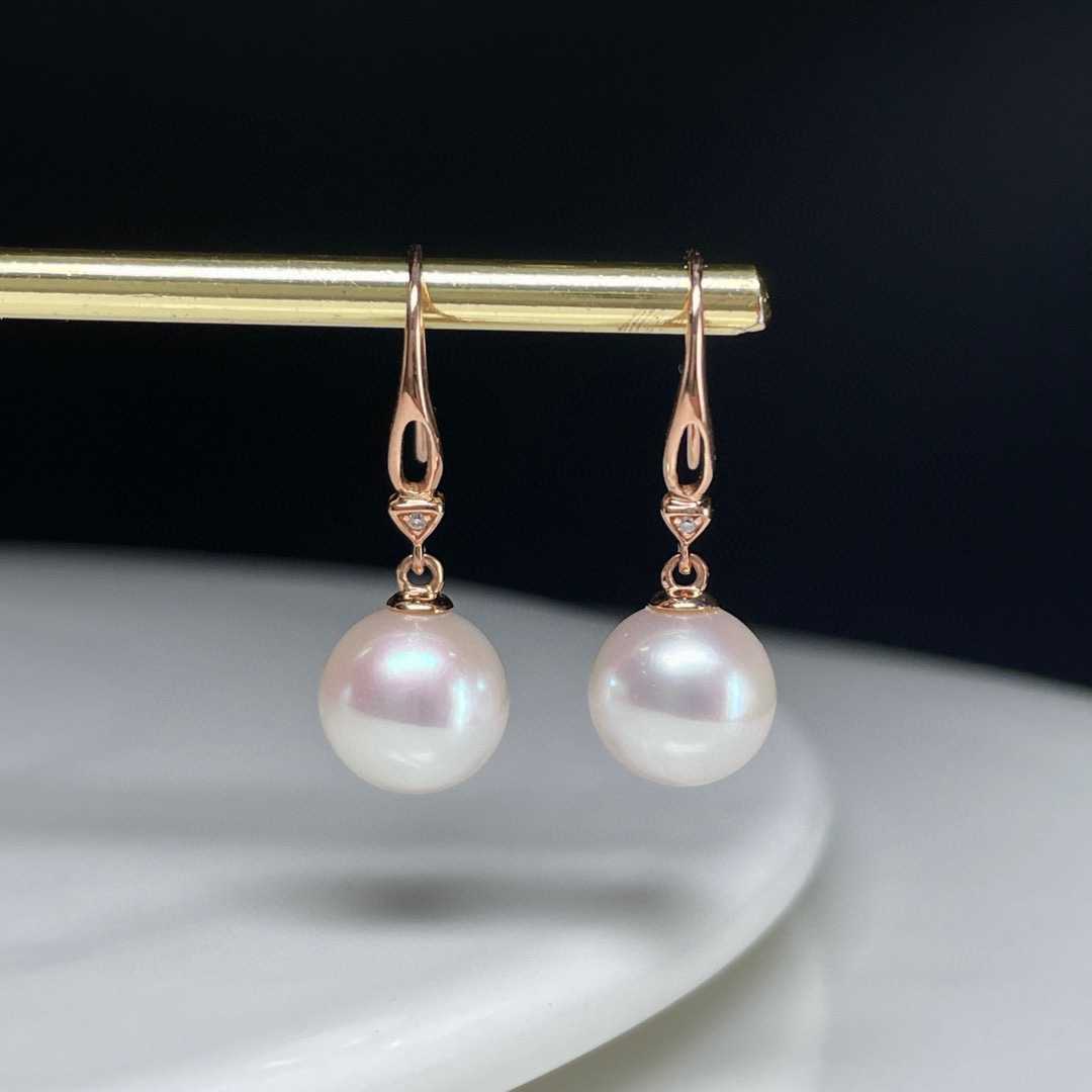 18K玫瑰金天然鑽石珍珠耳環