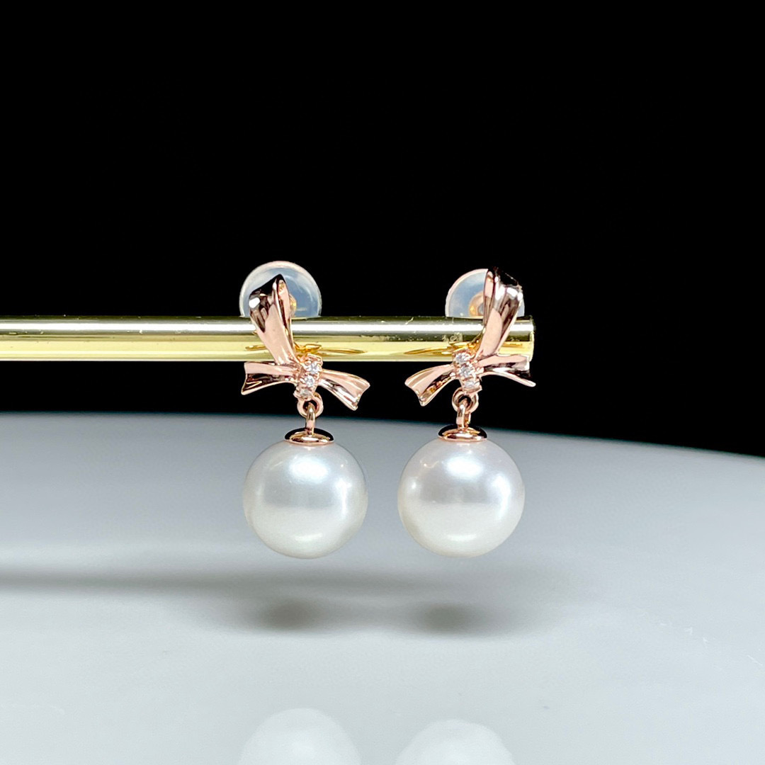 18K玫瑰金天然鑽石珍珠耳環