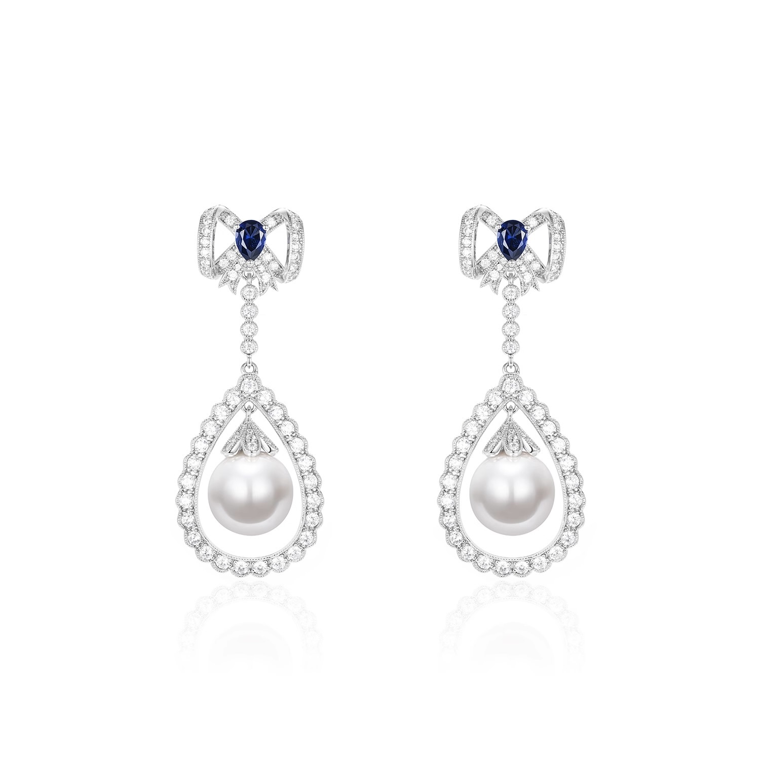 皇家藍蝴蝶結仿珍珠耳環925銀耳環