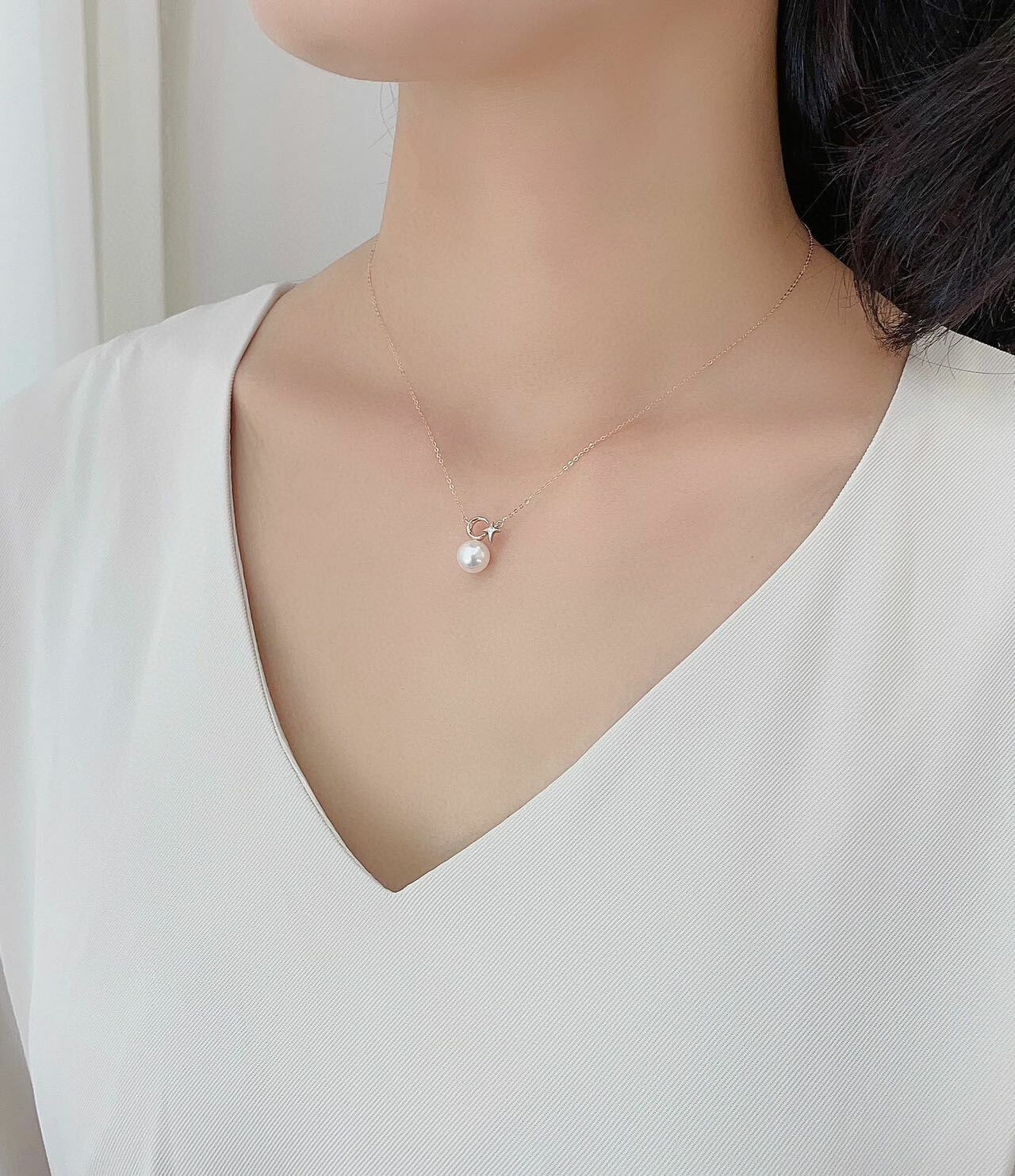 18K玫瑰金天然鑽石珍珠頸鏈