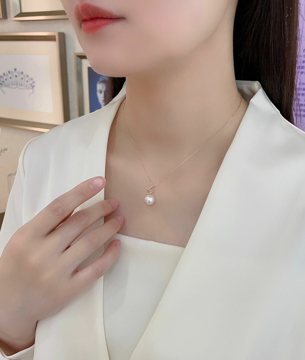 18K玫瑰金天然鑽石珍珠頸鏈