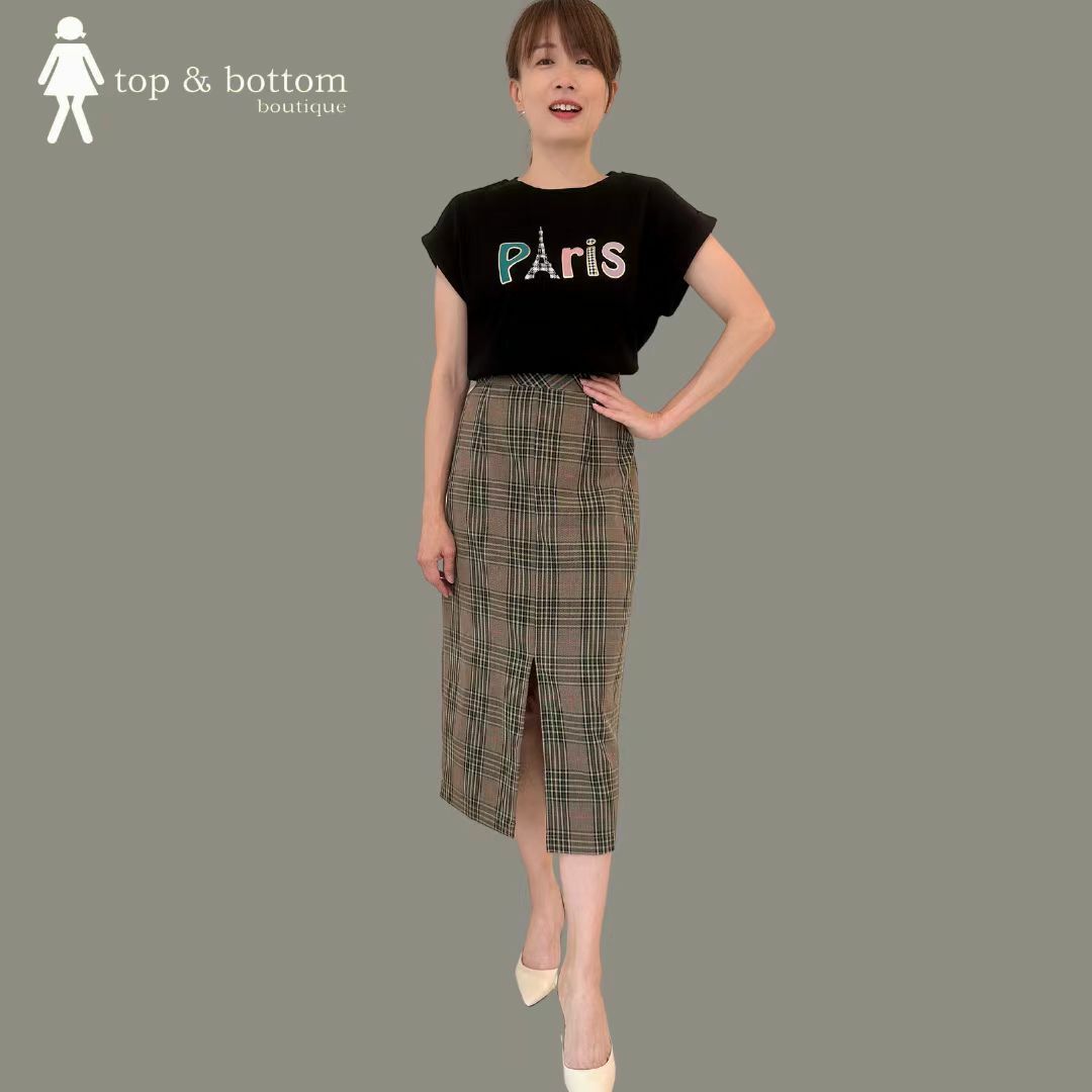 CHECKED SLIT FRONT PENCIL SKIRT