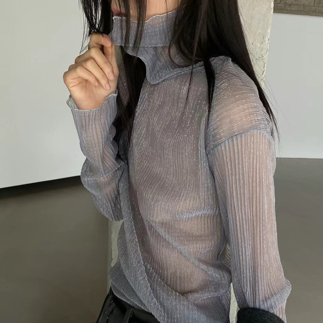 金屬絲線透視藝術高領內搭(灰)