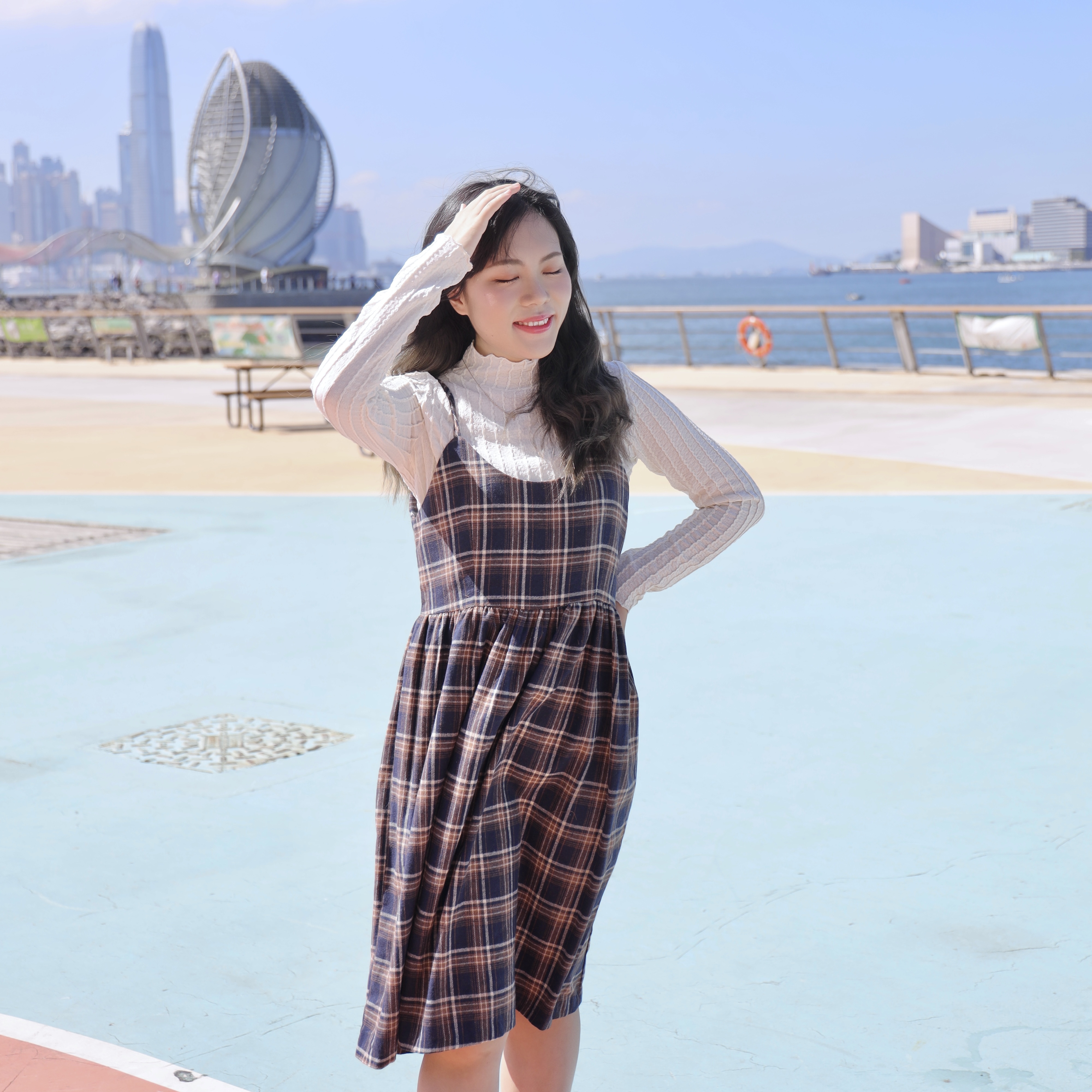 ||OPS189||青春活力格仔紋吊帶連身裙