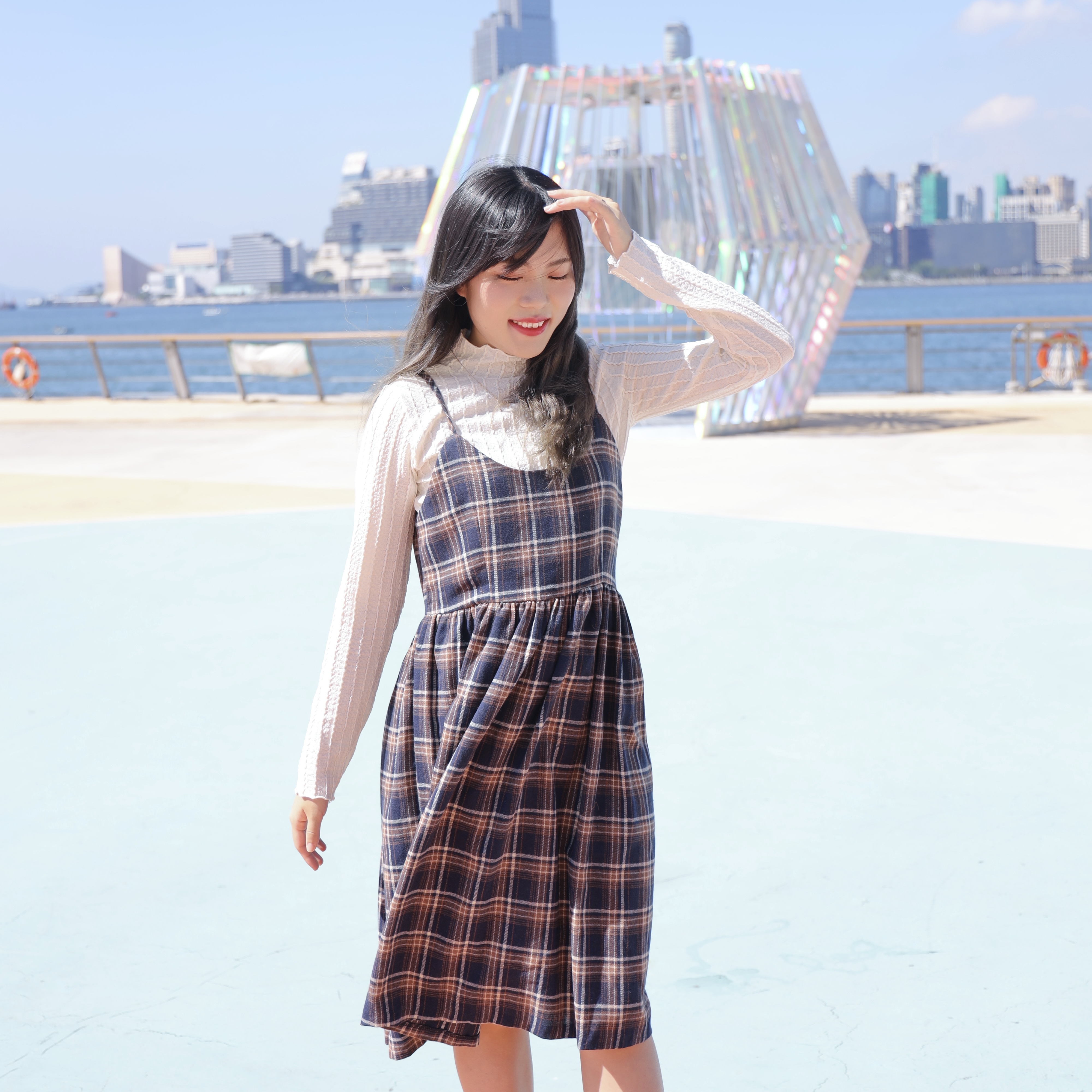 ||OPS189||青春活力格仔紋吊帶連身裙