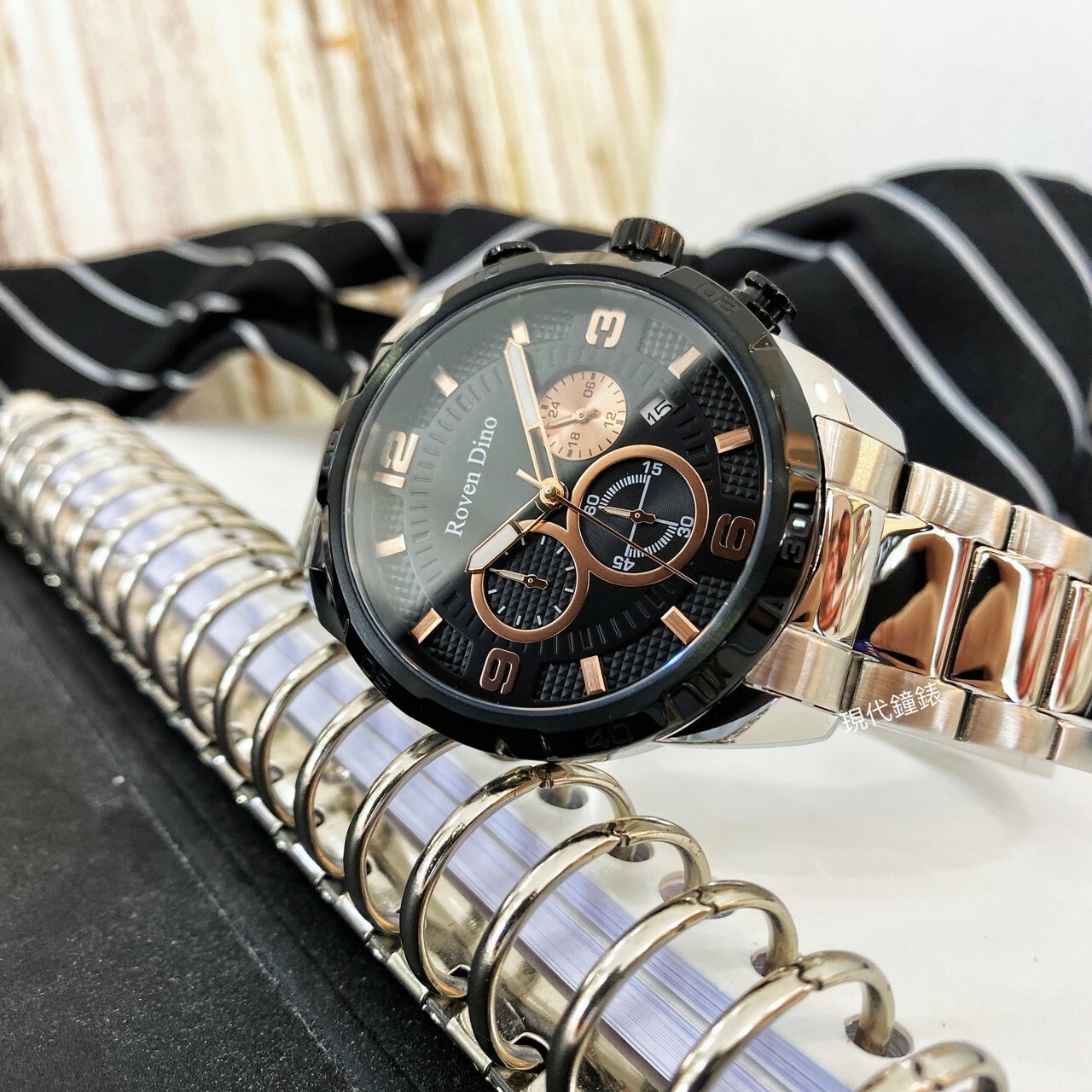 【Roven Dino羅梵迪諾】個性格紋三眼時尚腕錶 RD6102S-458B 45mm 現代鐘錶