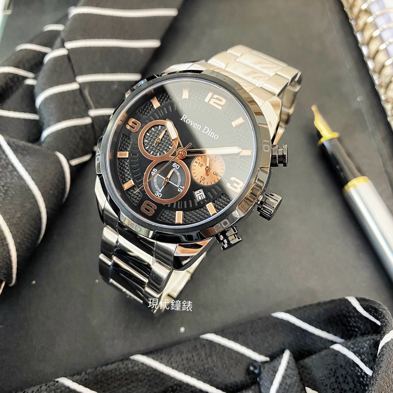 【Roven Dino羅梵迪諾】個性格紋三眼時尚腕錶 RD6102S-458B 45mm 現代鐘錶