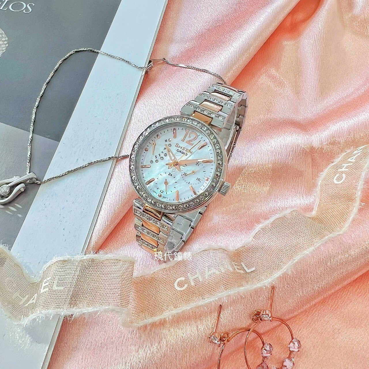 【CASIO 卡西歐】SHEEN系列 晶鑽時尚珍珠貝腕錶 SHE-3043SG-7A 33.5mm 現代鐘錶