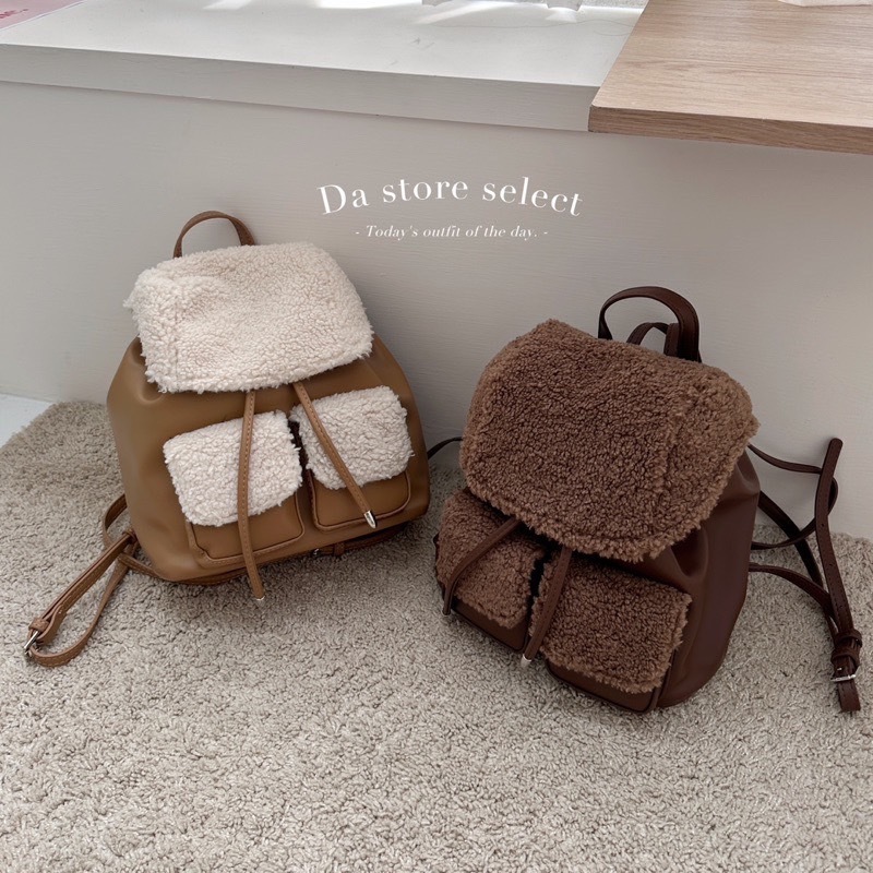 🇰🇷撞色羊羔毛拼接軟皮後背包/三色