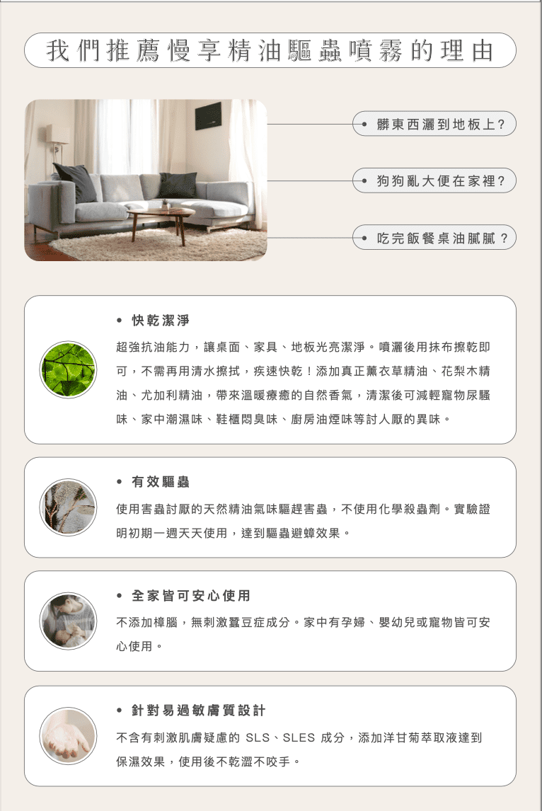 噴灑就可以驅趕蟑螂 使用害蟲討厭的天然精油氣味驅趕,取代傷害人體的化學殺蟲劑。實驗證明初期天天使用可有效達到驅蟲驅蟑效果。蟑螂、螞蟻等惱人的害蟲都明顯減少! 適合噴灑在家中容易滋生害蟲的陰濕處,或是噴灑於門縫防止蟑螂入侵 超強去油潔凈能力、除異味 讓桌面、家具、地板光亮潔淨。噴灑後用抹布擦乾即可,不需再用清水擦拭,疾速快乾! 添加真正薰衣草精油、花梨木精油、尤加利精油,帶來溫暖療癒的自然香氣,清潔後可減輕寵物尿騷味、家中潮濕味、鞋櫃悶臭味、廚房油煙味等討人厭的異味。 環保天然全植物成分,寵物、嬰幼兒友善 使用歐盟認證最環保的 APG 綠色界面活性劑取代常見石化原料,無化學香精、無可能刺激皮膚的 SLS、SLES 成分,免戴手套使用也不會不舒服! 針對過敏膚質設計,添加洋甘菊萃取液達到保濕效果,使用後不乾澀不咬手。 寵物友善,家中大小成員、蠶豆症患者、孕婦均適用。清潔寶寶或寵物留下的髒污,方便又安心,不怕寶貝誤食化學清潔劑傷身!