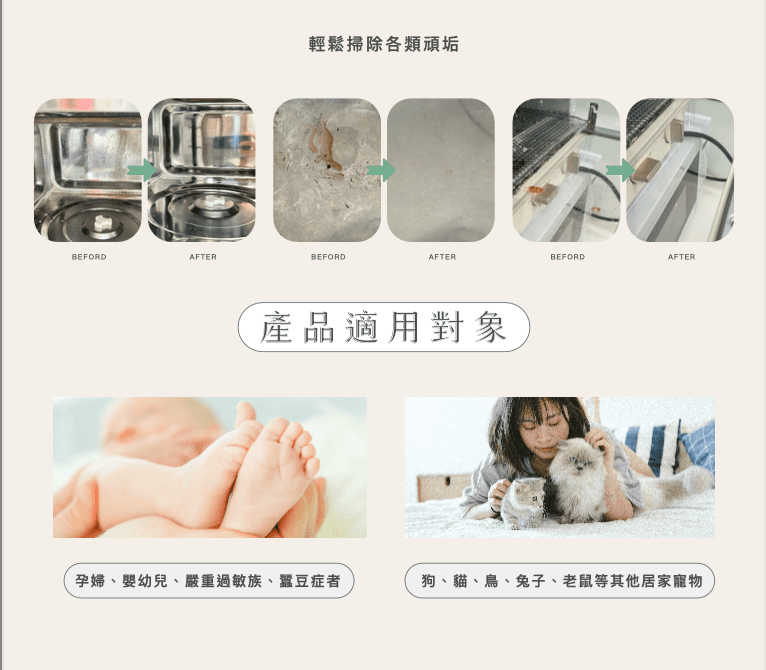 輕鬆掃除各類污垢。家有孕婦、嬰幼兒、寵物、蠶豆症患者均適用