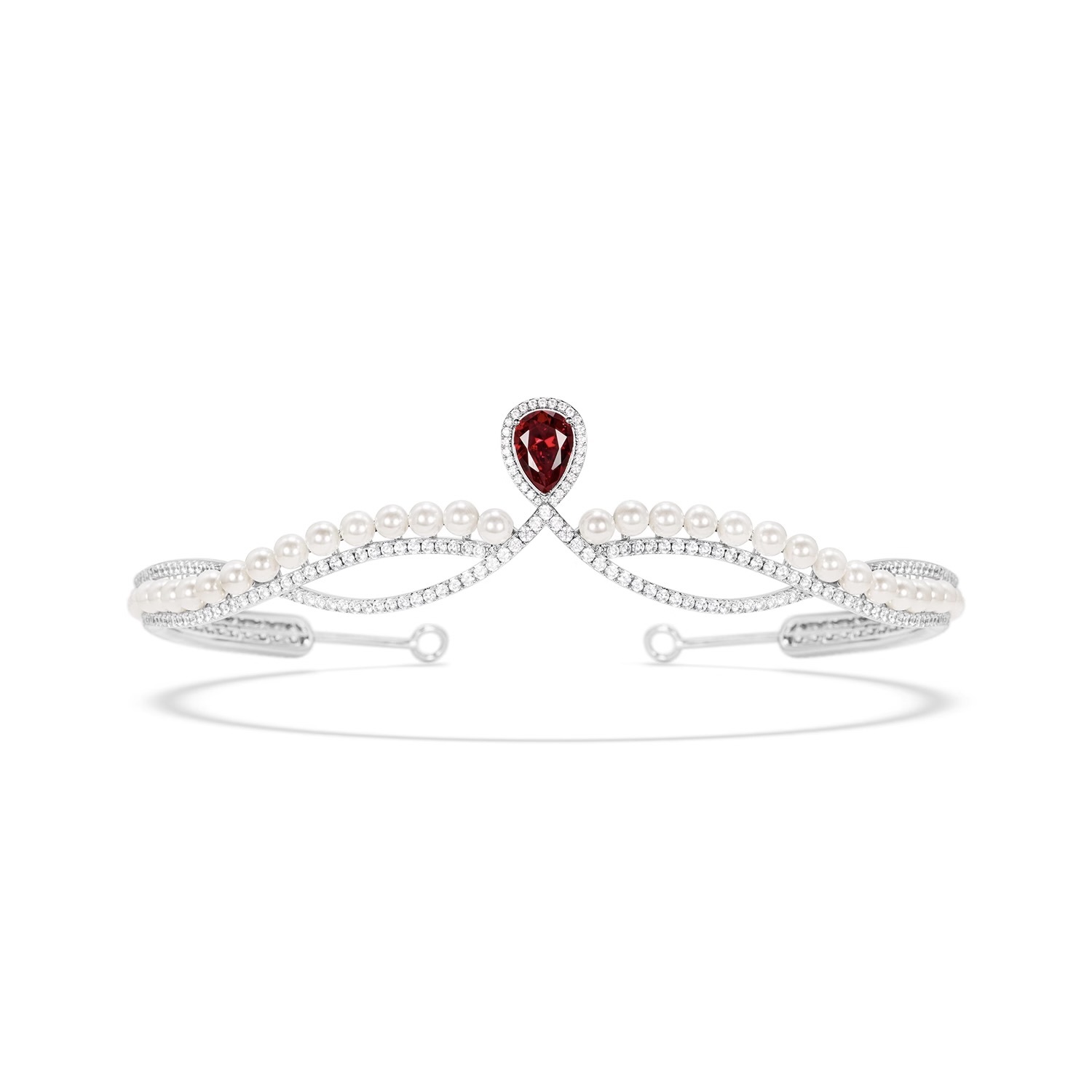 鴿血紅合成鋯石仿珍珠皇冠髮箍  925銀髮箍