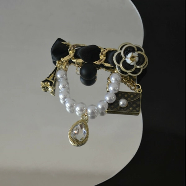 金屬花朵流蘇布藝胸針金色01)