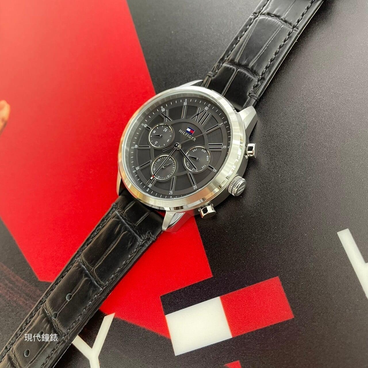 【Tommy Hilfiger】時尚黑面三眼皮革男錶 1710527 44mm 現代鐘錶