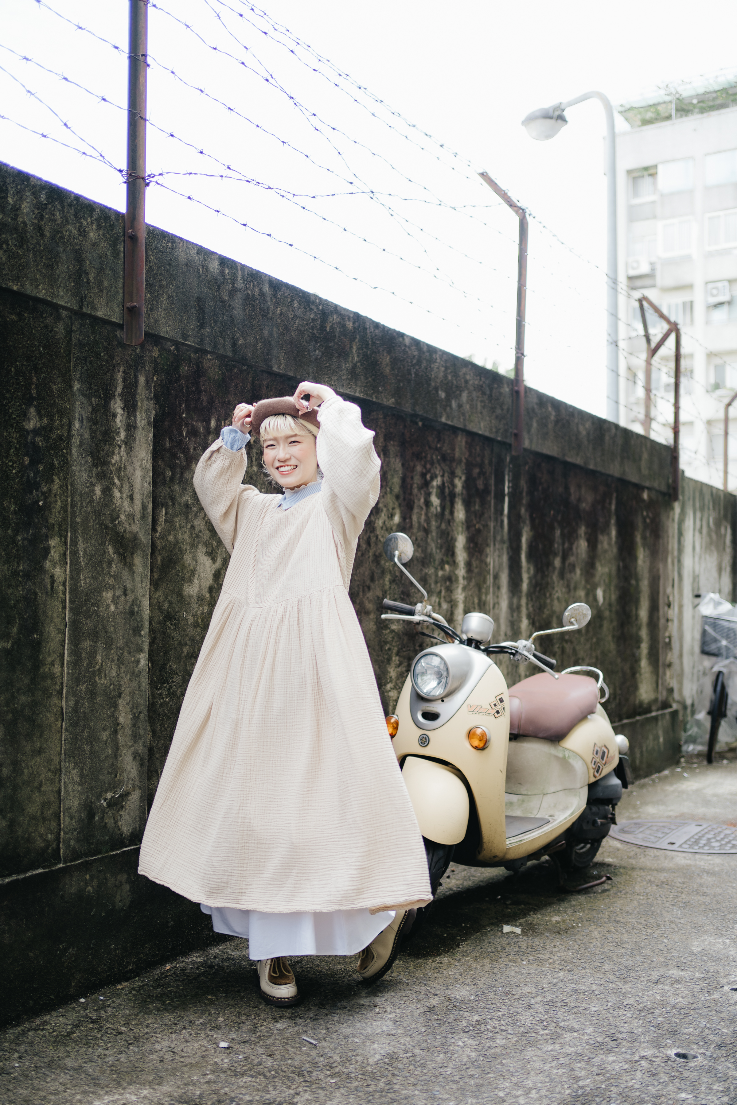 直紋布拼BB棉長袖OP