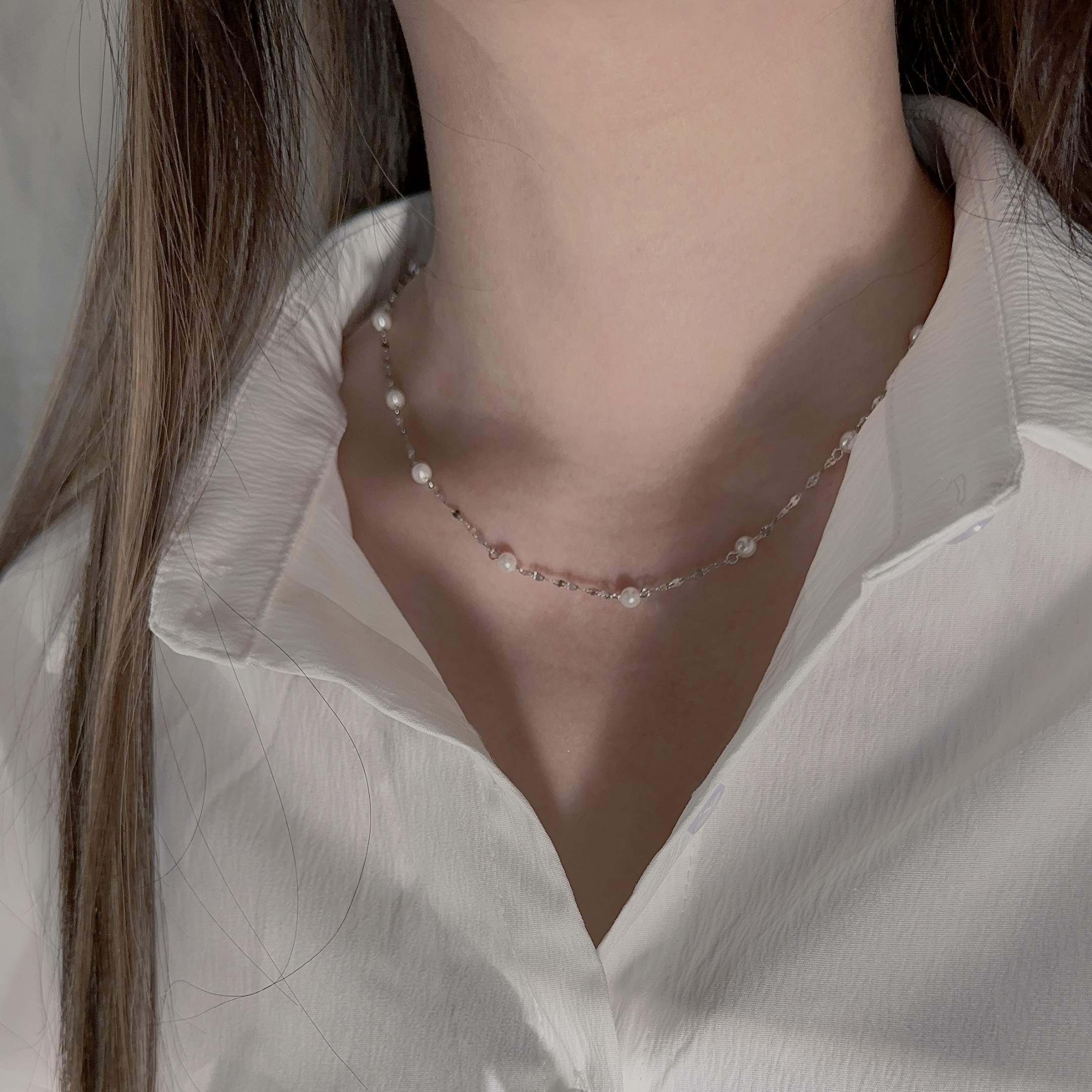 G49珍貴．珍珠純銀鎖骨鏈