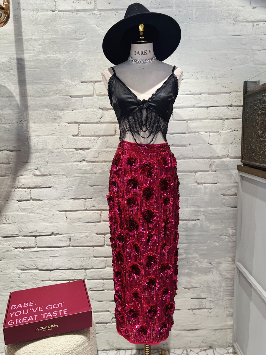 Hot Pink 桃紅色立體亮片花瓣開叉高腰 Midi Skirt