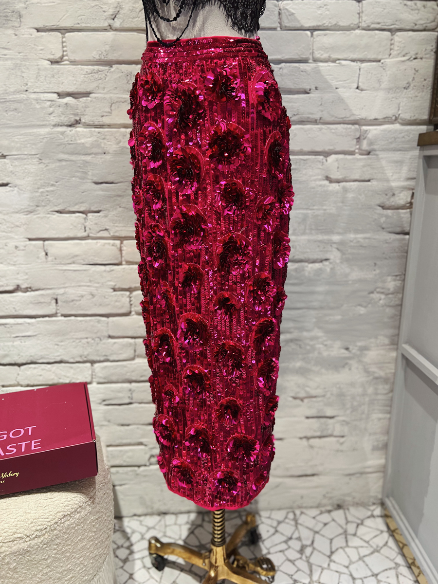 Hot Pink 桃紅色立體亮片花瓣開叉高腰 Midi Skirt