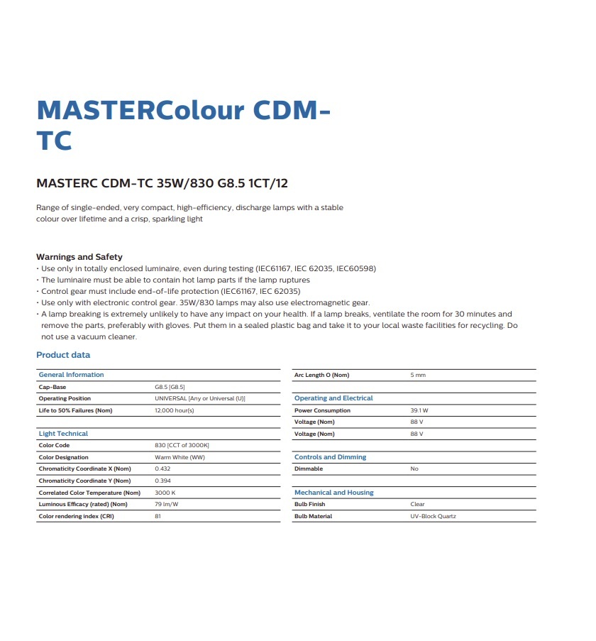 飛利浦 CDM-TC 35W 830 3100K G8.5