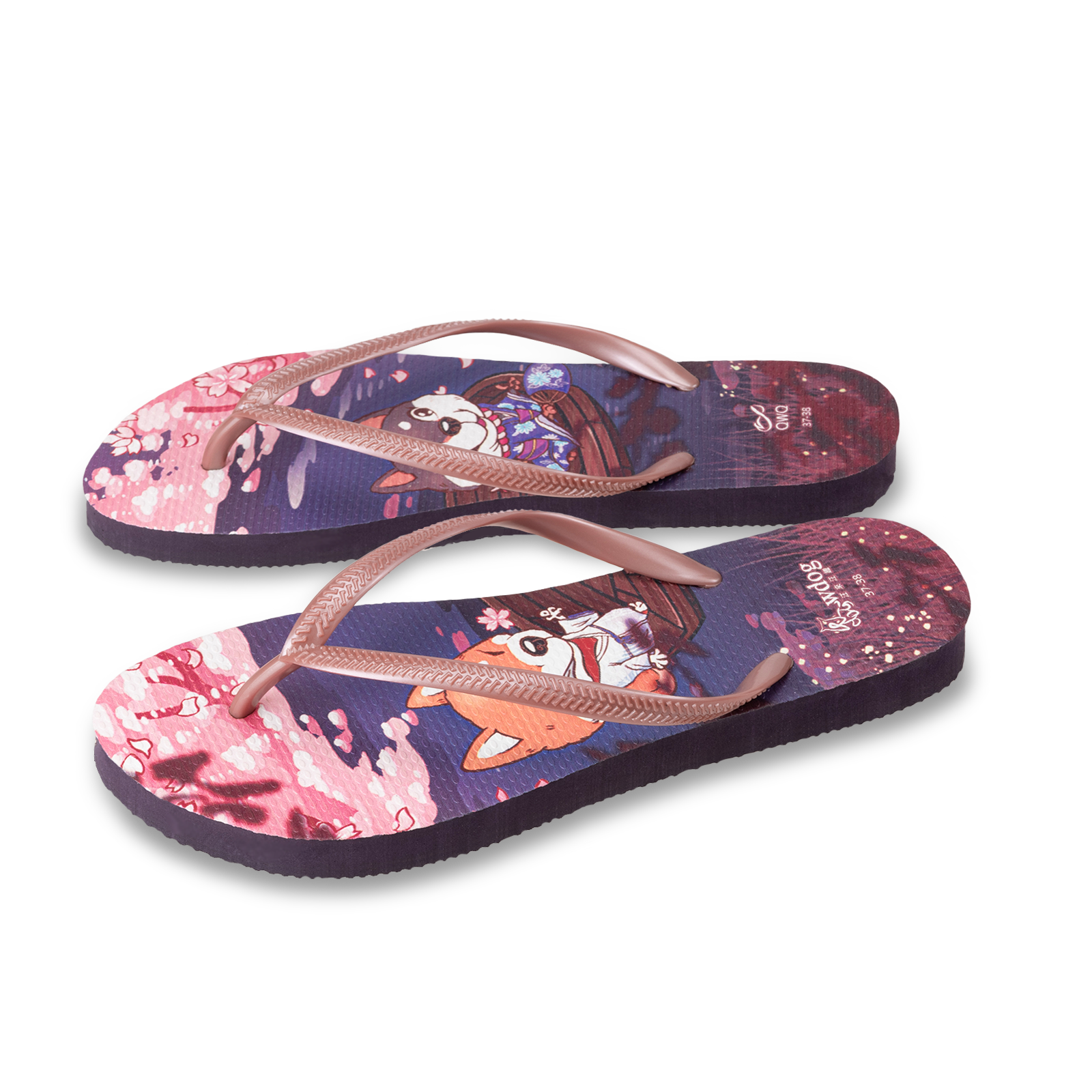 汪來汪趣 賞夜櫻 女款細帶人字夾腳拖鞋 紫底薔薇帶