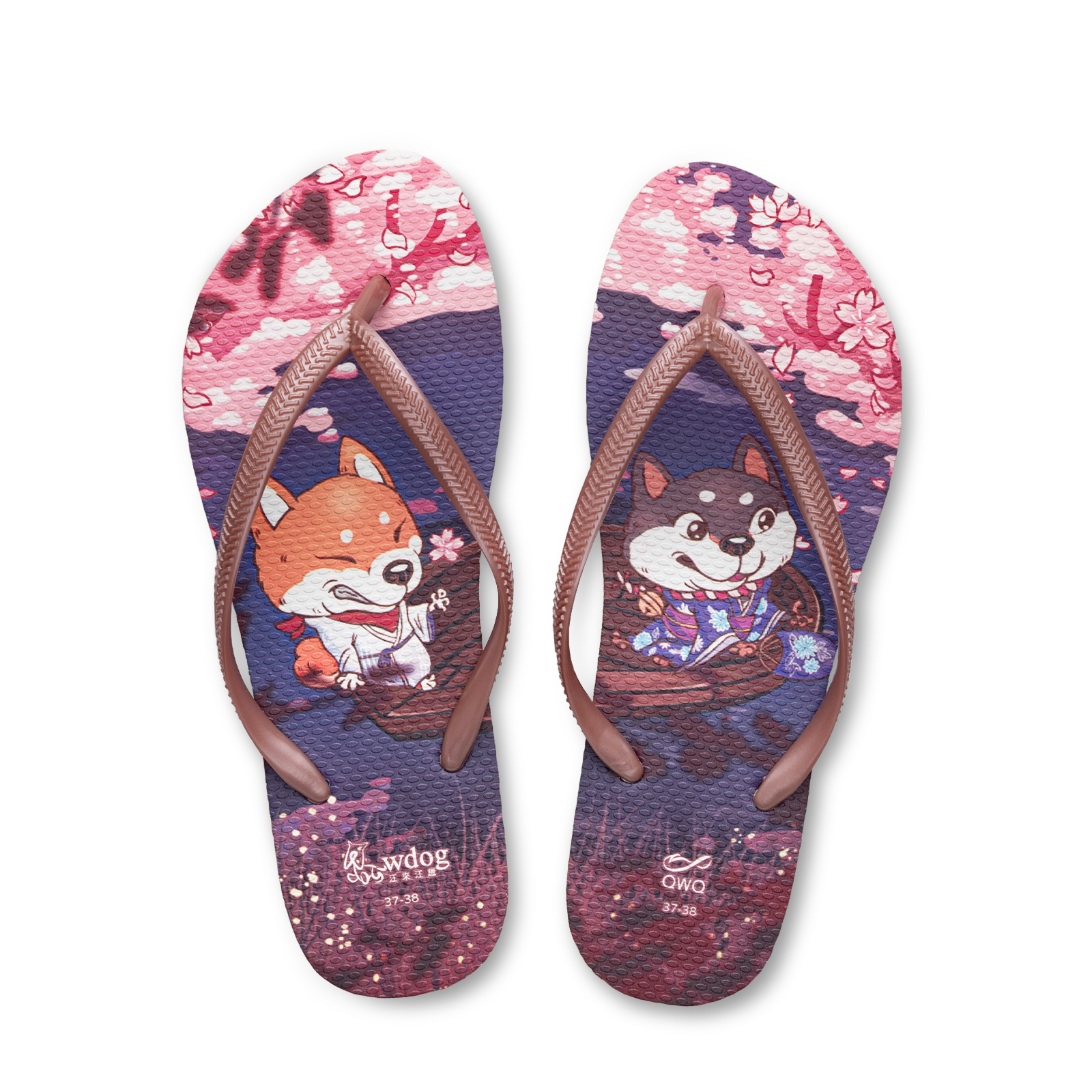 汪來汪趣 賞夜櫻 女款細帶人字夾腳拖鞋 紫底薔薇帶