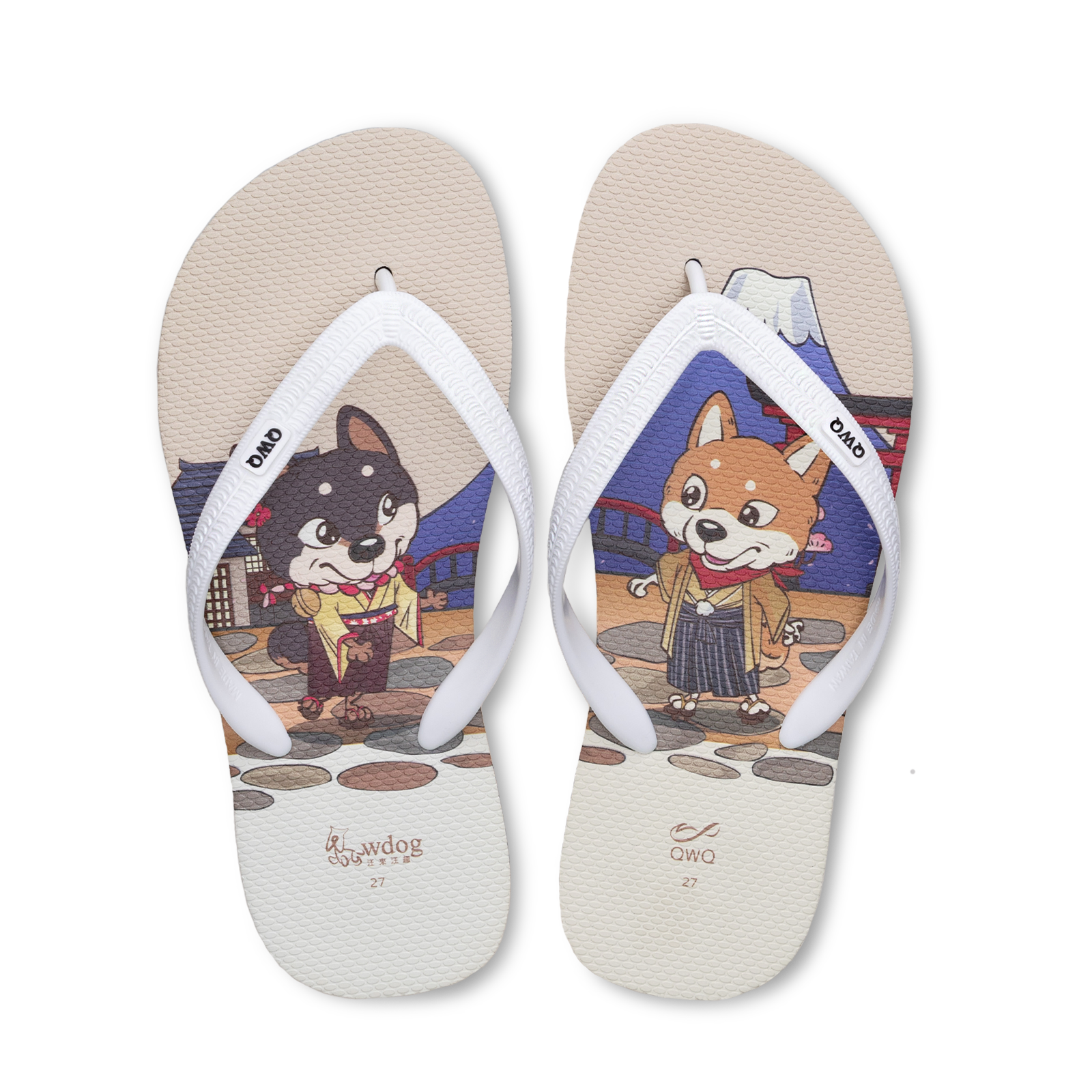 汪來汪趣 富士山 男款粗帶人字夾腳拖鞋 藍底白帶