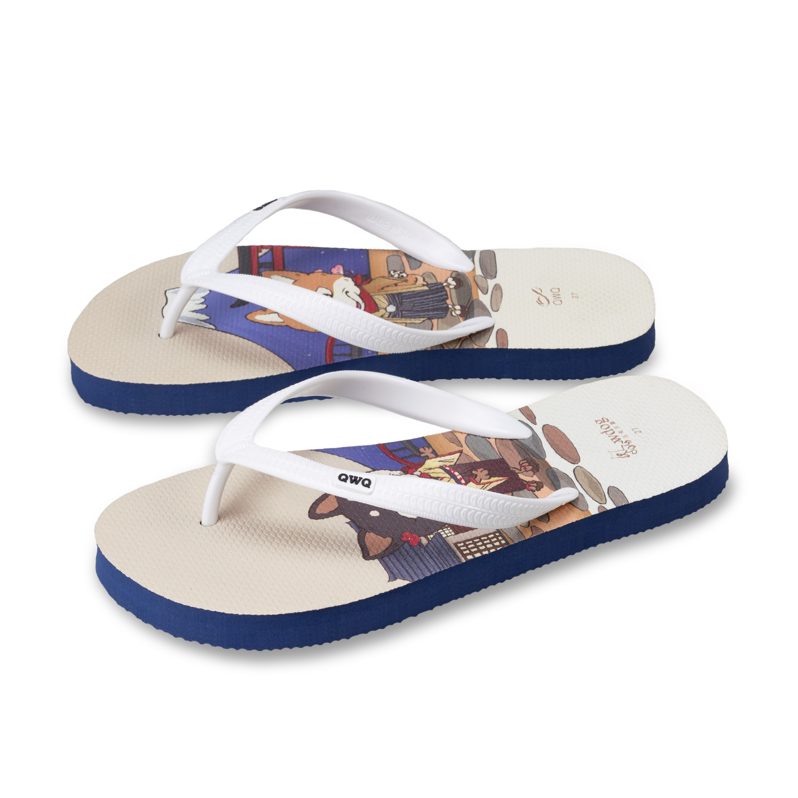 汪來汪趣 富士山 男款粗帶人字夾腳拖鞋 藍底白帶