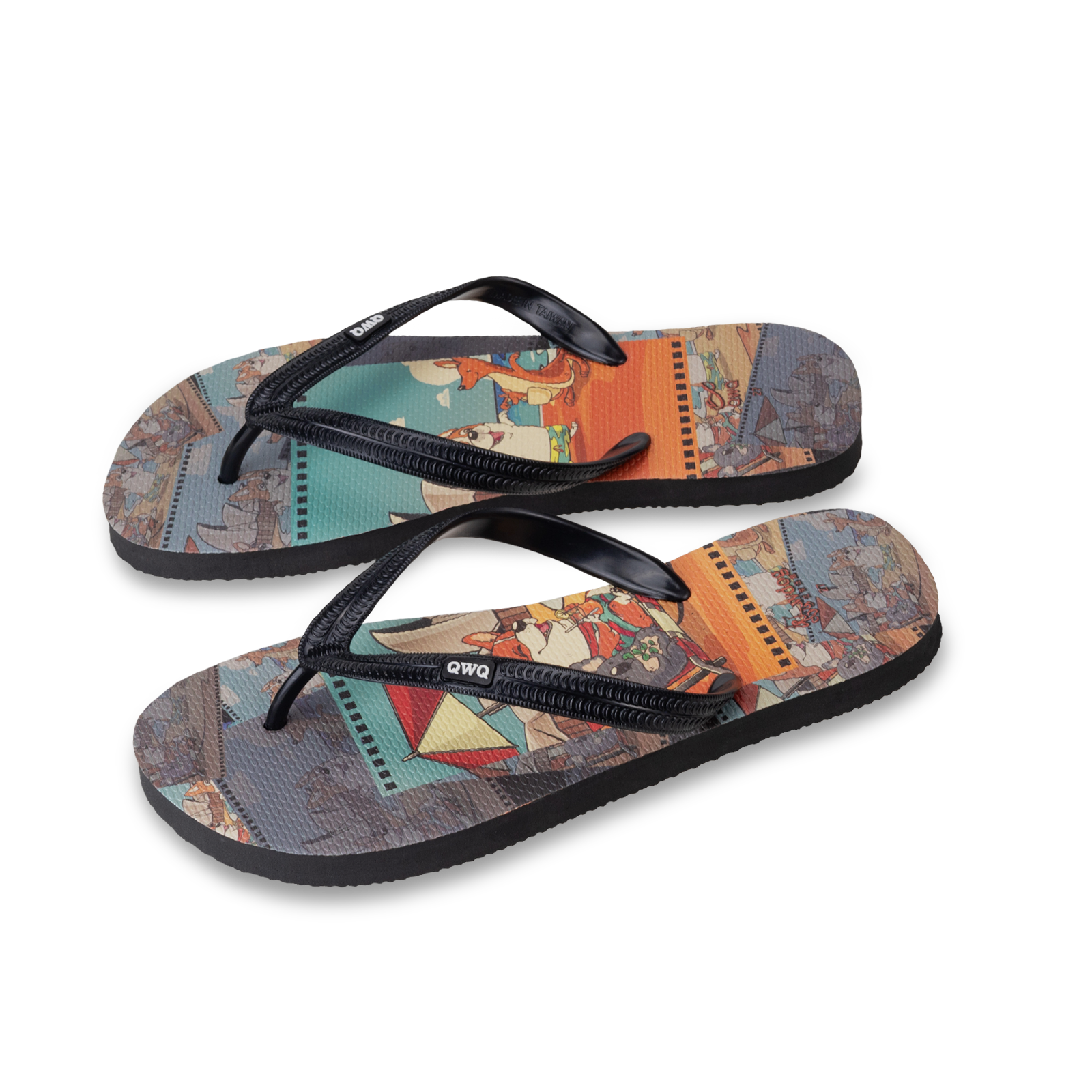 汪來汪趣 澳洲沙灘 男款粗帶人字夾腳拖鞋 黑色