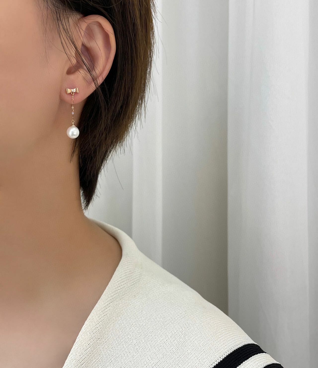 18K玫瑰金天然鑽石珍珠長耳環