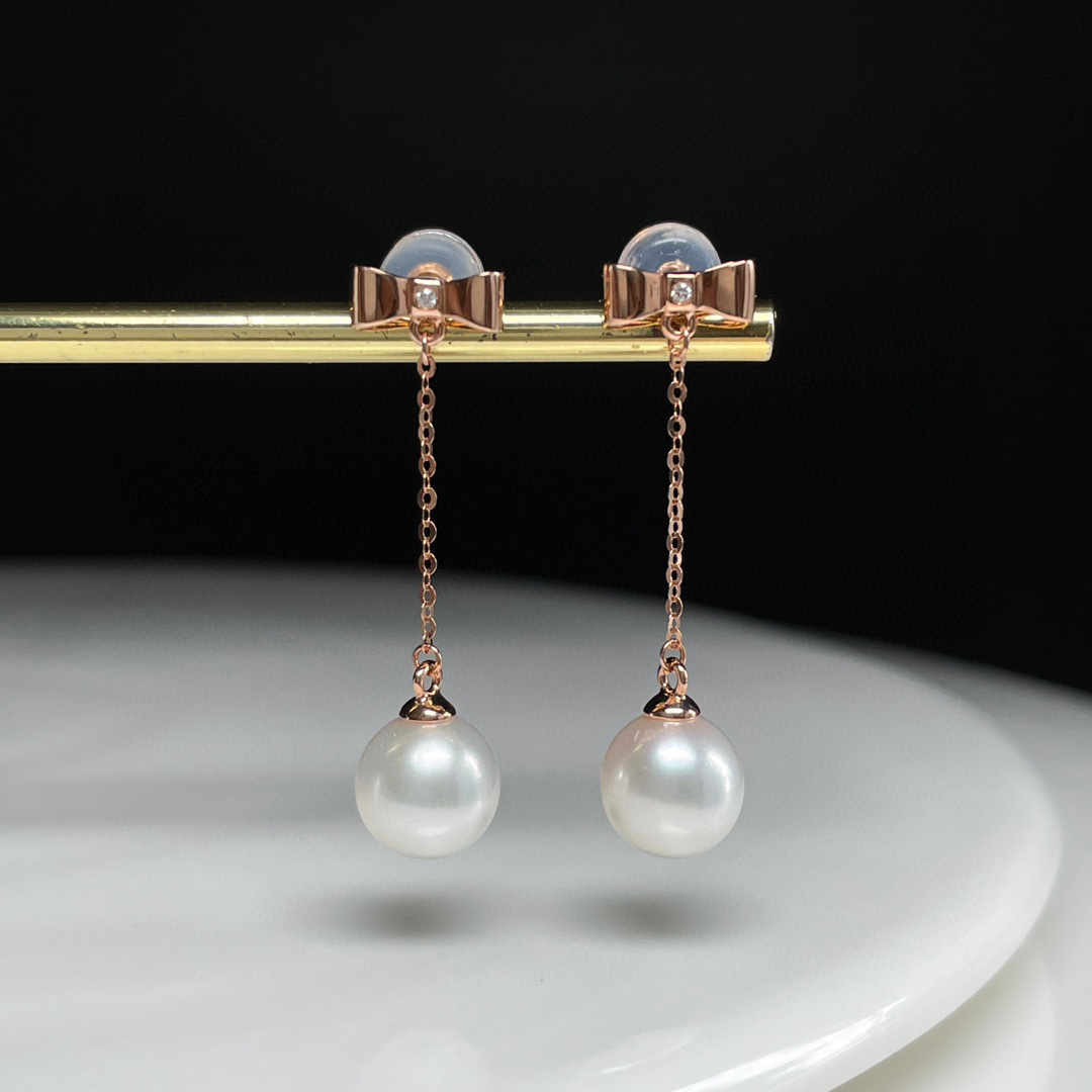 18K玫瑰金天然鑽石珍珠長耳環