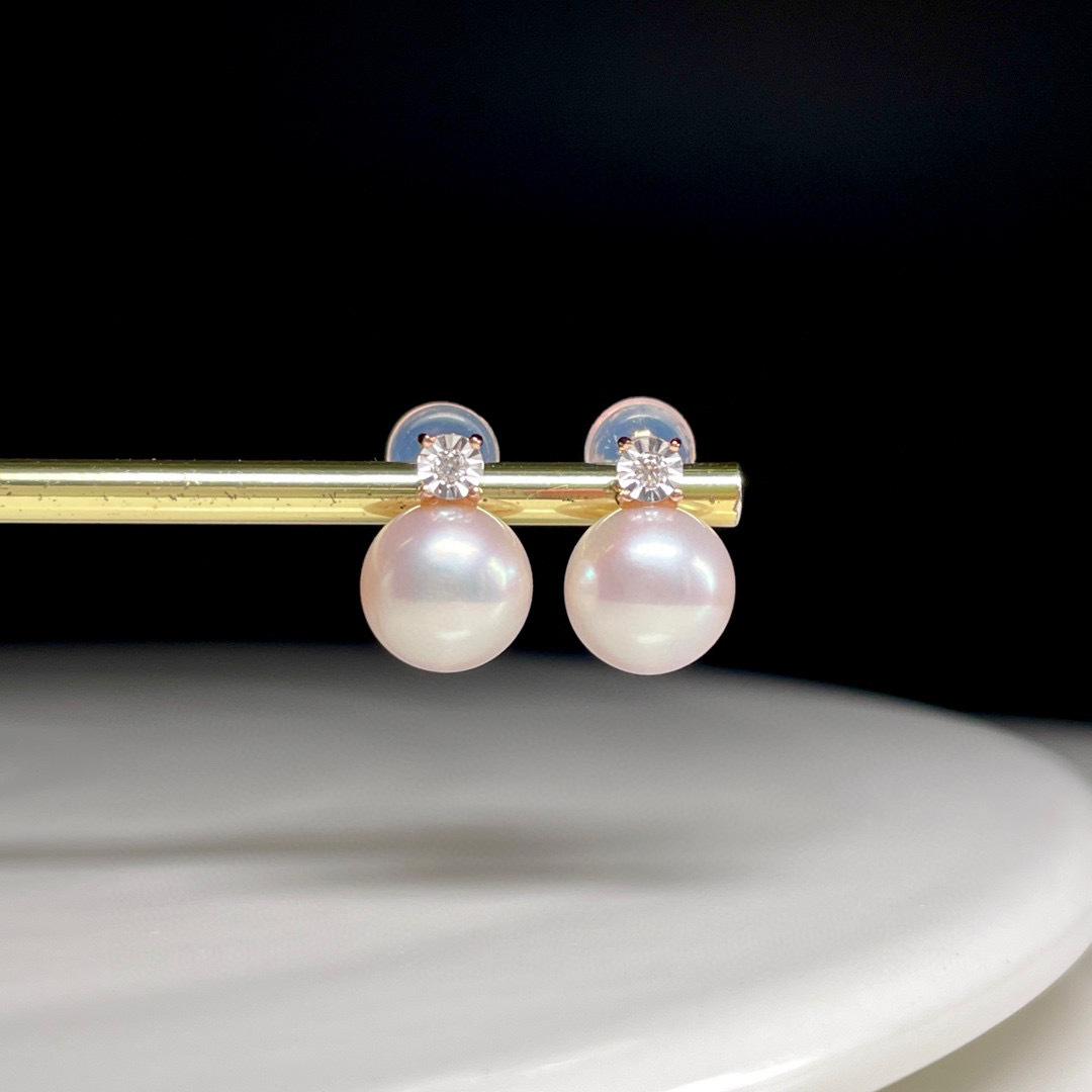 18K玫瑰金天然鑽石珍珠耳環