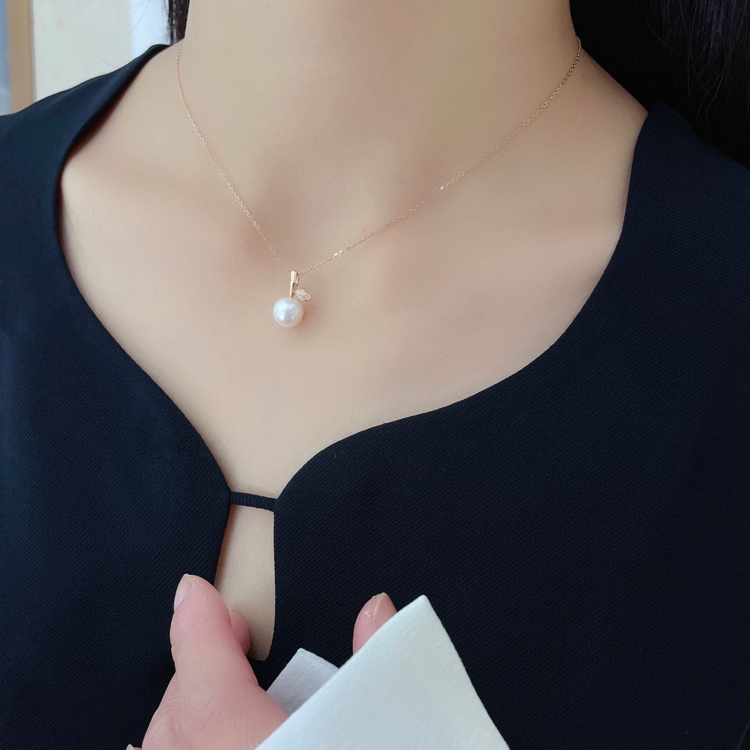 18K玫瑰金天然鑽石珍珠頸鏈