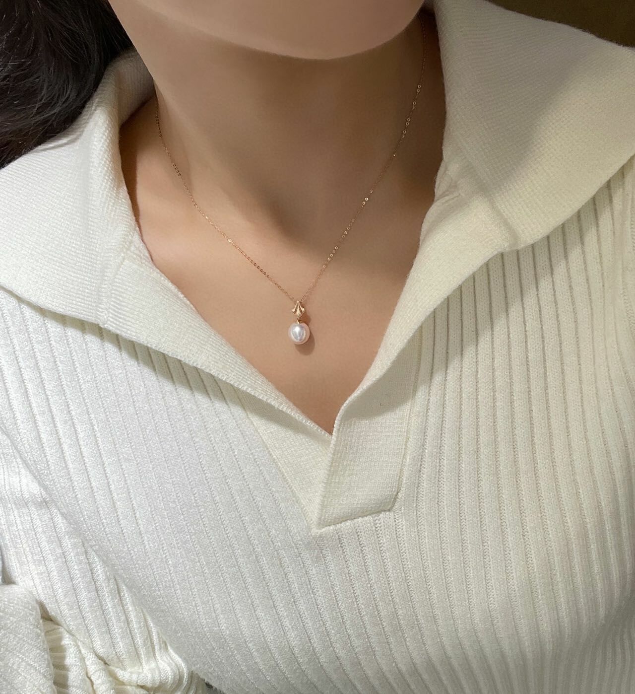 18K玫瑰金天然鑽石珍珠頸鏈