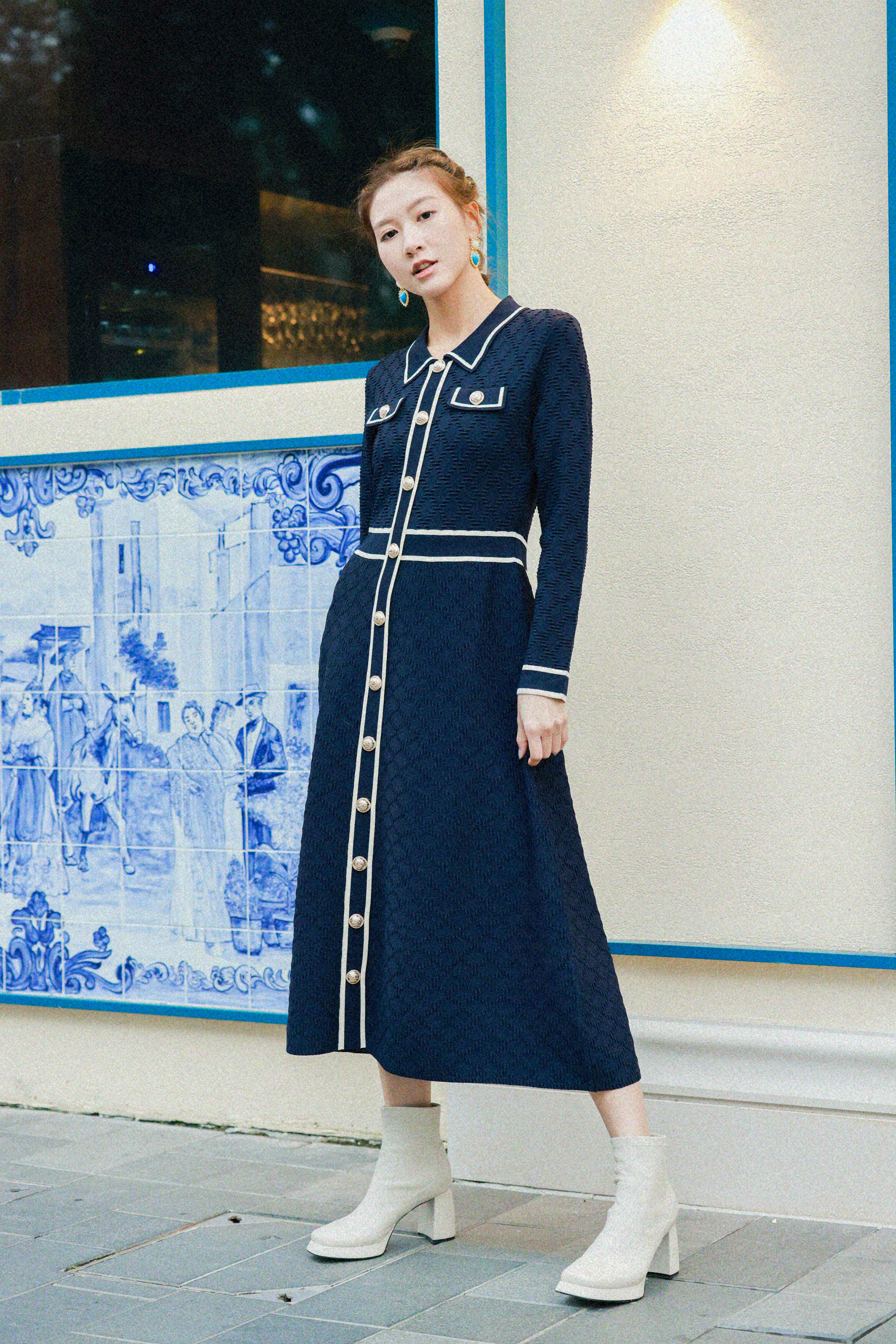 暗格紋小香風針織連身裙 （現貨款式）