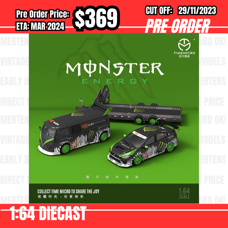 PO-$369 * Time Micro * 1:64  VW T1 Van + Subaru WRX STI Black White Monster Set [OD21/11]