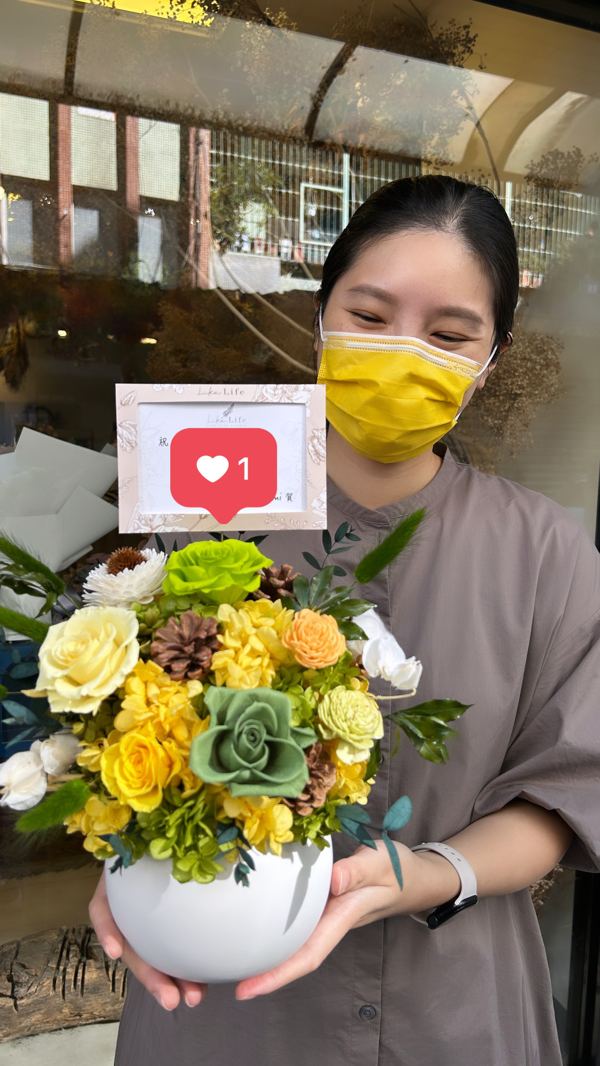 珍珠綠永生花盆花,永生花綠色開幕盆栽,台北送花推薦-喜歡生活乾燥花店特寫,永生花開木盆花
