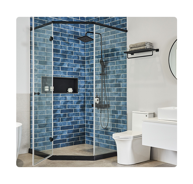 OVO京典衛浴 淋浴拉門推薦 無框淋浴門範例    五角三片型 開門式 ＊爵士黑系列烤漆