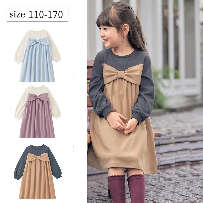 現貨 紫色150cm 大蝴蝶結假兩件拼接連衣裙 3色 110-170cm