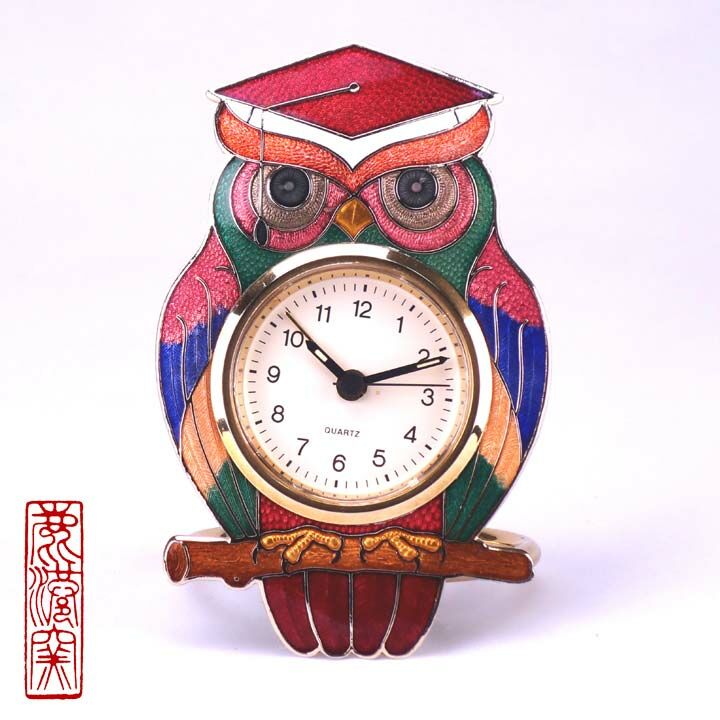 鹿港窯禮品館｜景泰藍-貓頭鷹時鐘(鬧鐘)博士帽