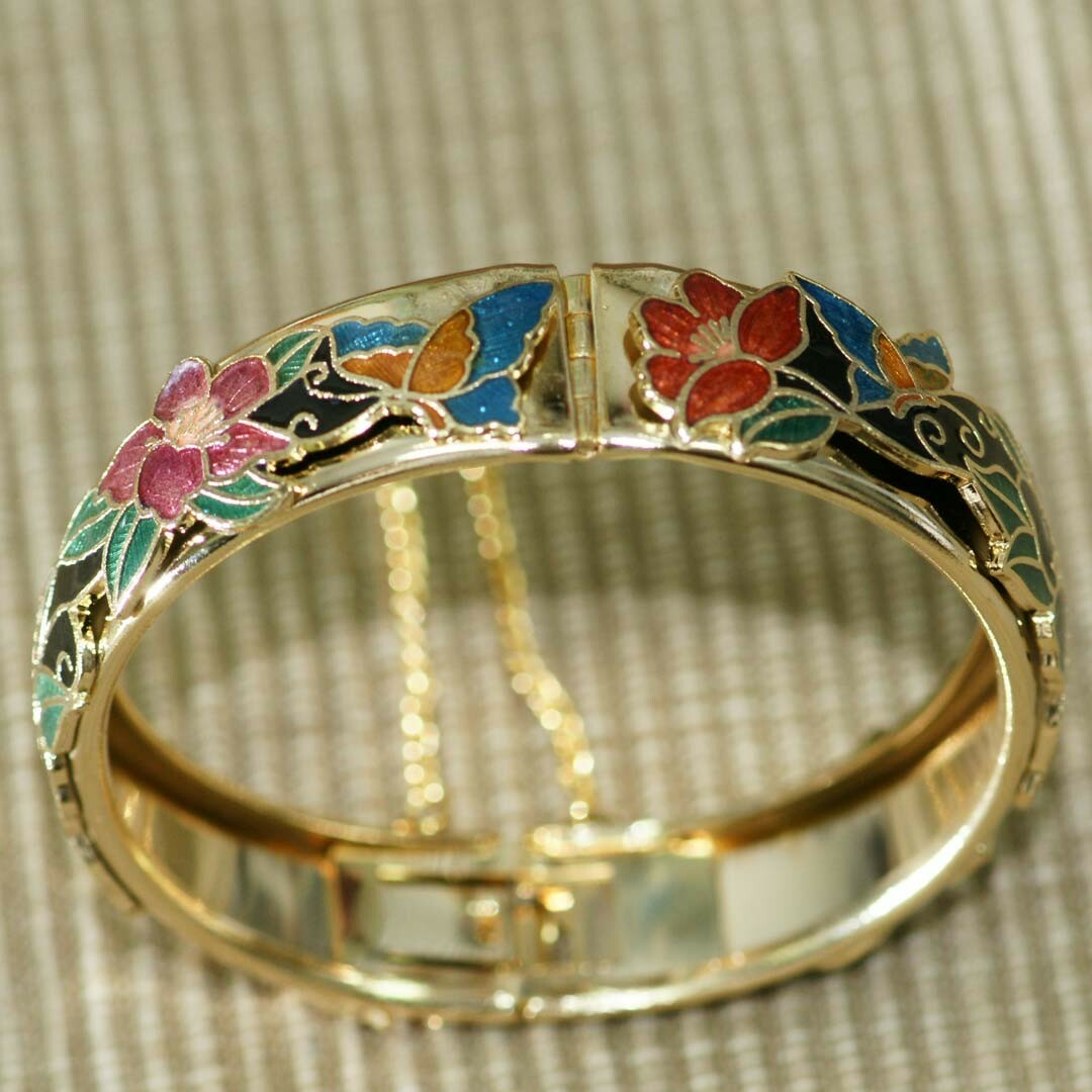 鹿港窯禮品館｜景泰藍兩節手鐲‧蝴蝶花草‧鏤凋