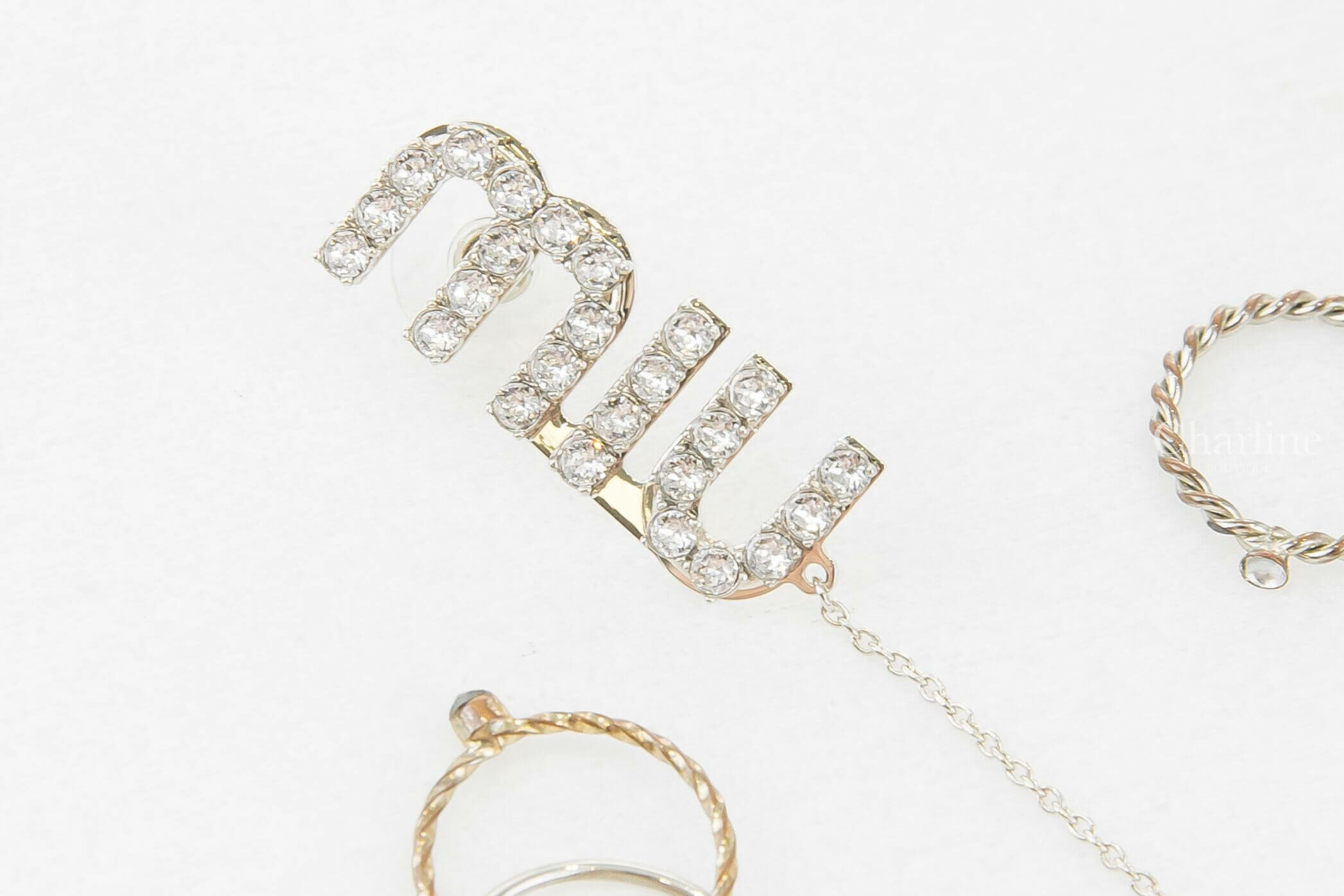 Miu Miu Pendant Earrings With Crystals 銀色水晶字母垂墜耳環