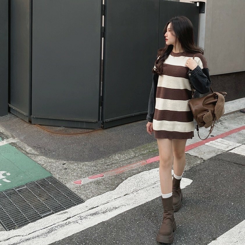 條文拼接牛仔袖毛衣/二色