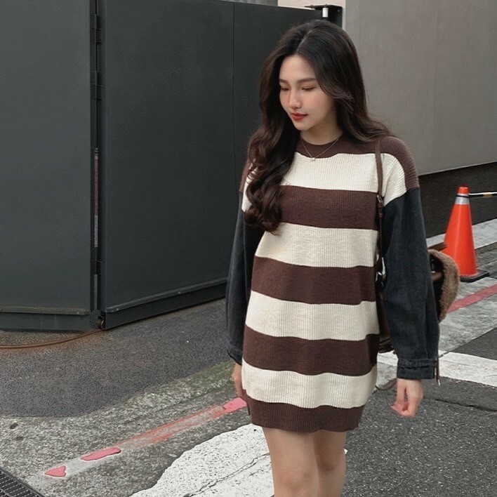 條文拼接牛仔袖毛衣/二色