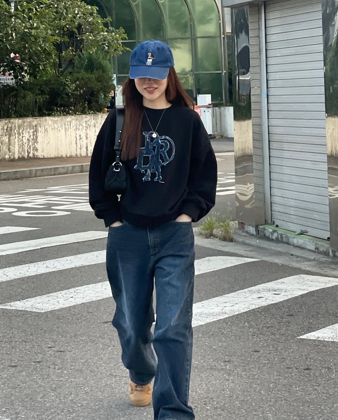 ◇PRENDA◇ PRDA DENIM PATCH CREWNECK SHIRT BLACK PRENDA) PRDA DENIM PATCH CREWNECK SHIRT | 5color