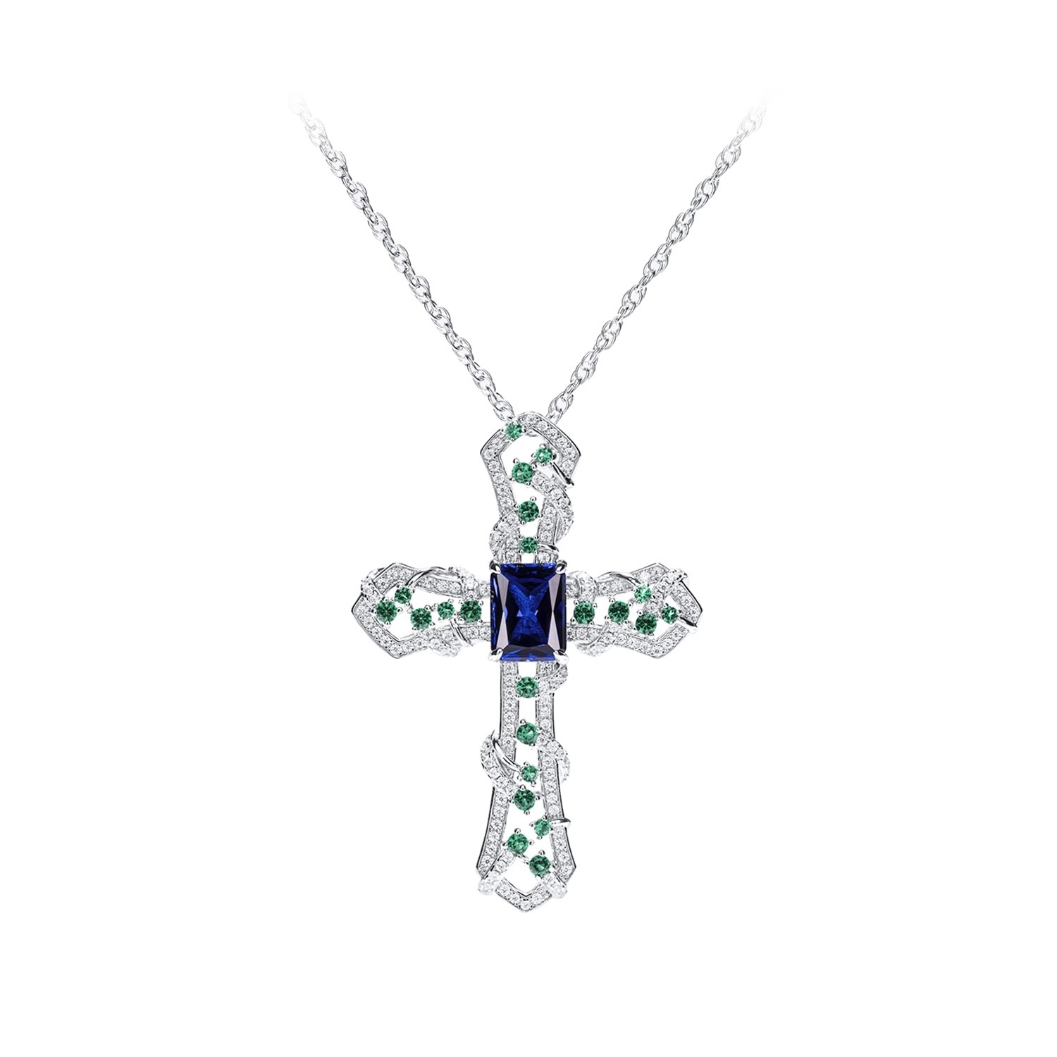 藍綠十字架合成鋯石項鍊 925銀項鍊
