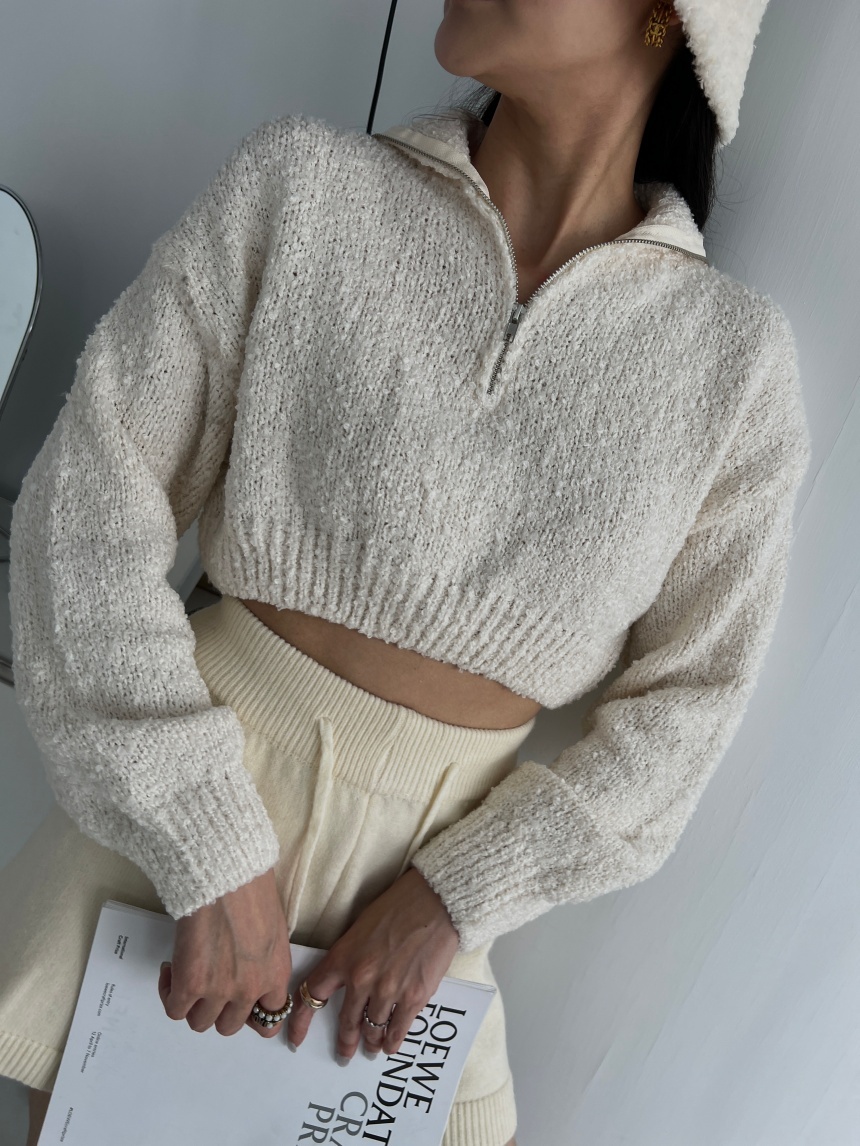 球絨針織半拉鍊翻領短版上衣*4色