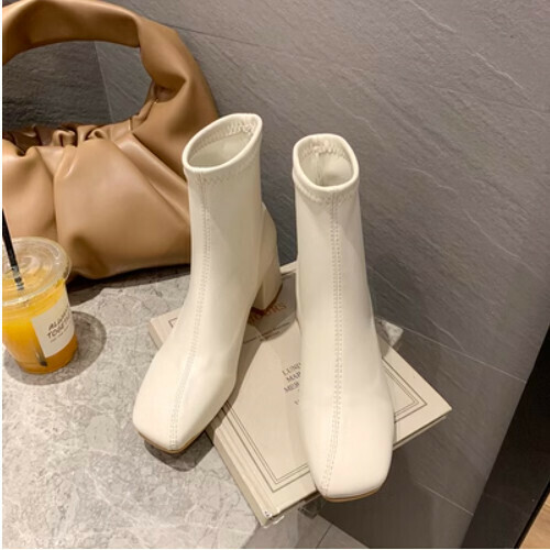 Square block heel heeled boots (short tube)