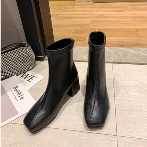 Square block heel heeled boots (short tube)